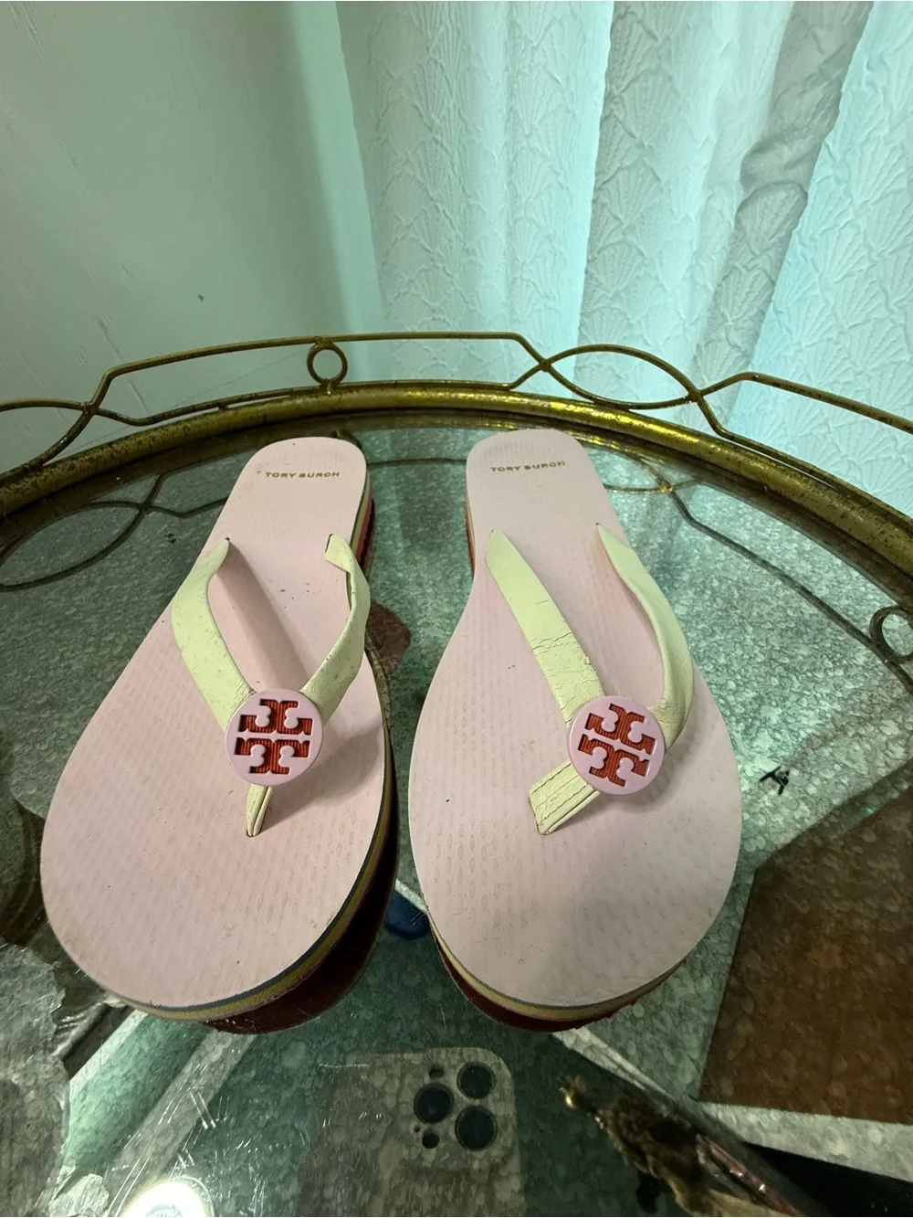 Tory Burch Pink Flip Flop Sandals with Lime Straps